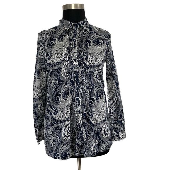 Talbots L Navy Paisley Button Down Top Pleated Oceanic Art to Wear Career Office - Picture 1 of 11